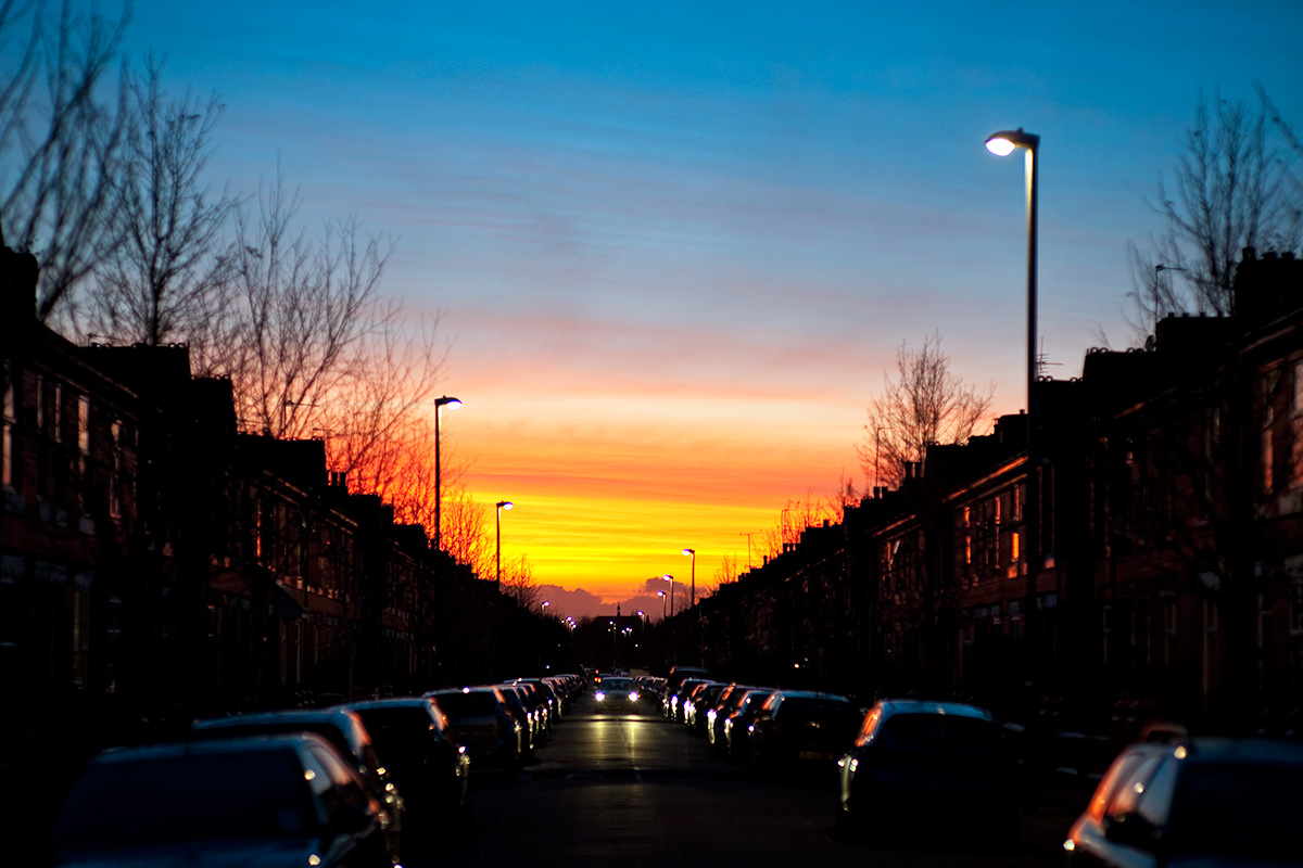 The sunset, as viewed down Thornton Road, Fallowfield
