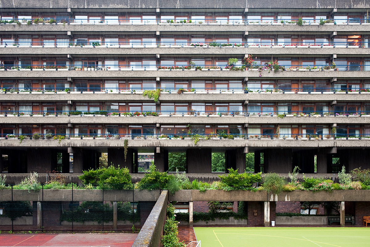 The Barbican Estate, London during heavy rain