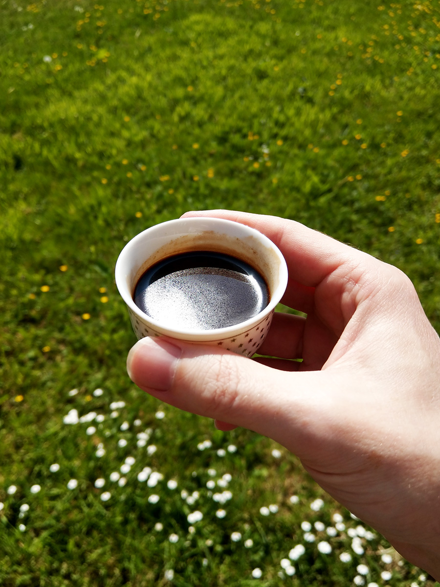 A cup of Arabic coffee above grass with flowers