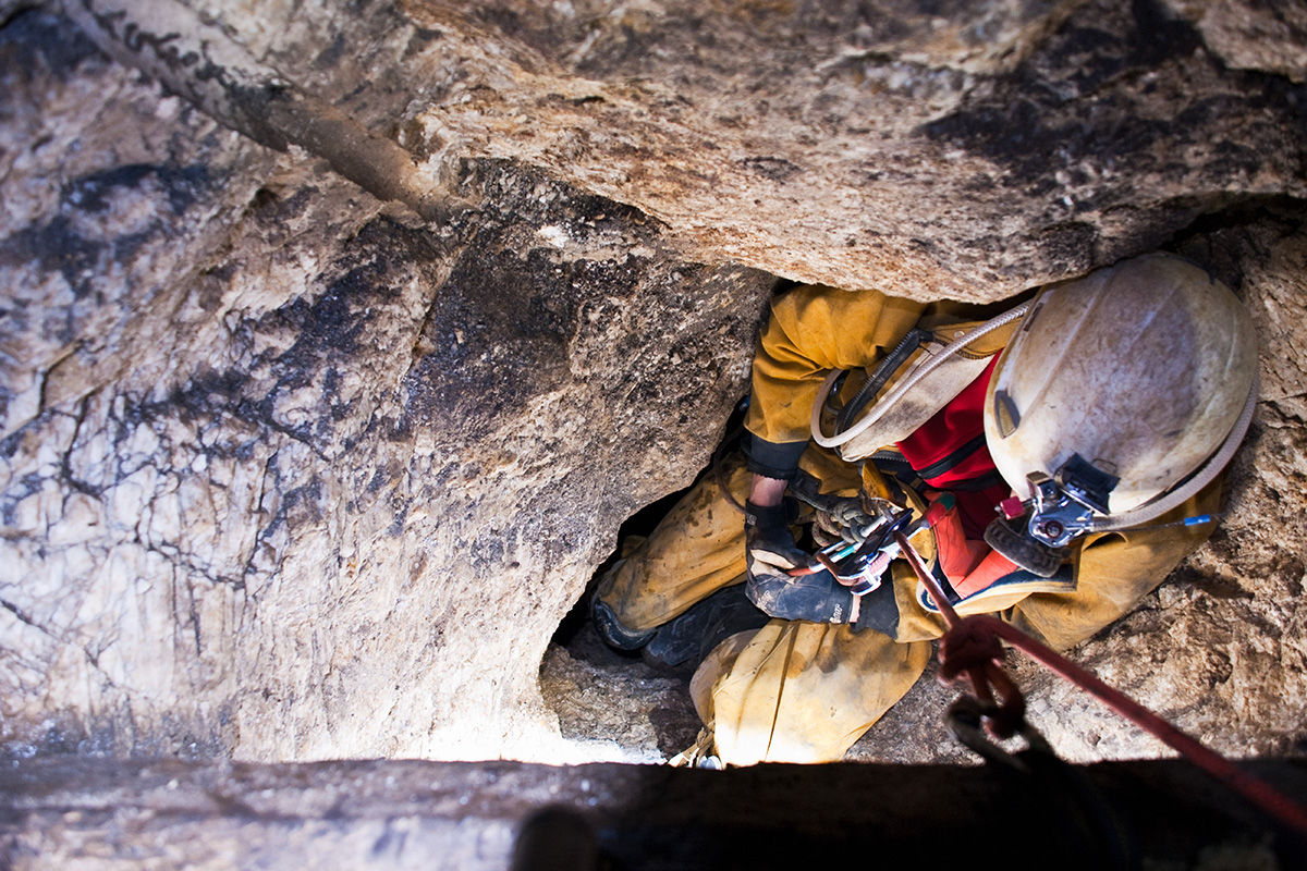 Descending to a lower level in Long Rake spar mine