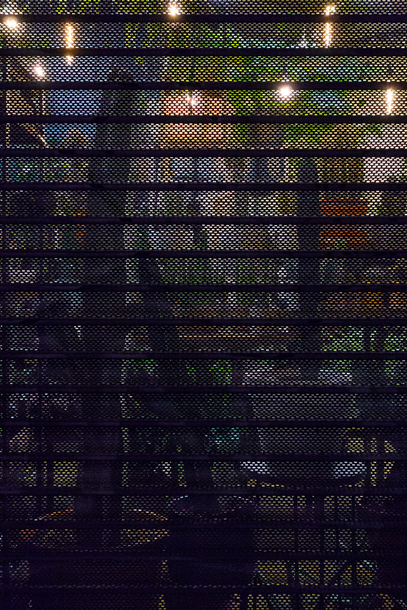 A shop selling cacti and other plants, seen through shutters at night