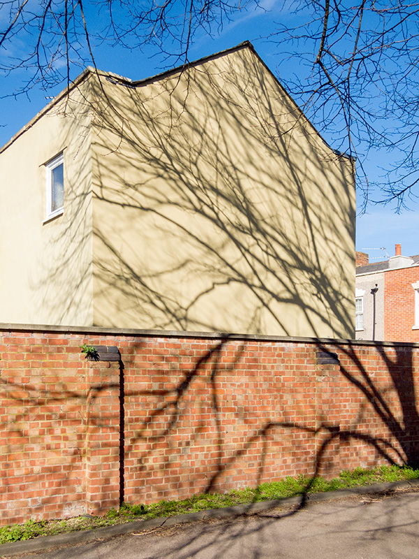 Shadow from a tree falling on the side wall of a house in Gloucester