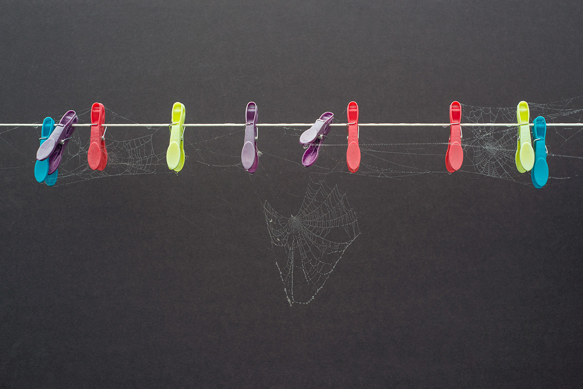 Spiderwebs between pegs on a washing line against a dark background