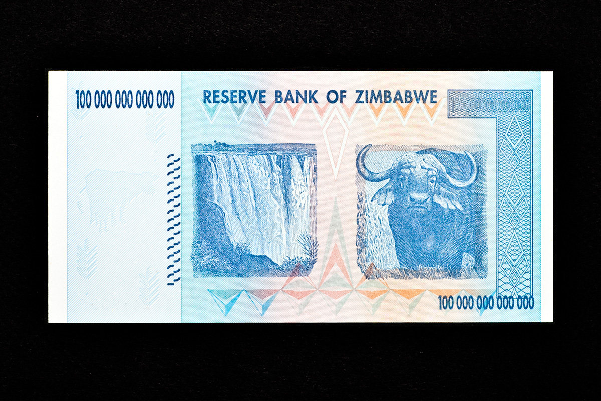A Zimbabwean banknote of value one hundred trillion dollars
