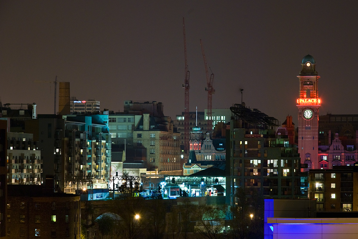 The junction between Oxford Road, Whitworth Street, and Whitworth Street West - an area of nightlife, hotels, and new apartments