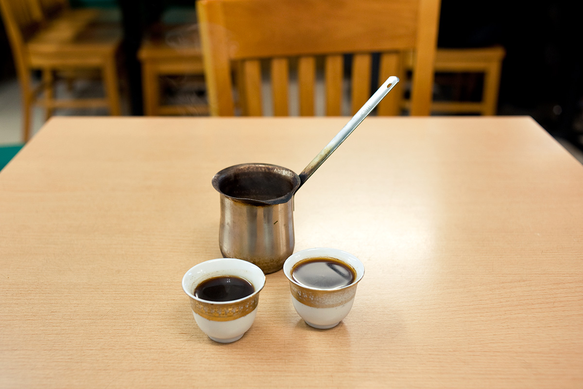 An ibrik and two servings of Arabic coffee, at Falafel, Rusholme