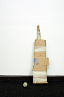 A cricket bat and ball made from packing materials