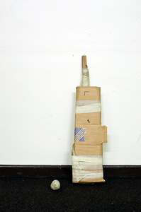 A cricket bat and ball made from packing materials