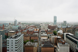 The southern section of Manchester city centre, viewed from the 24th floor of City Tower during heavy rain