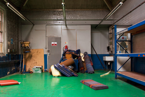 A room containing spare parts, for the repair of buses