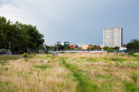 A desire path across the corner of undeveloped land, Hulme, Manchester