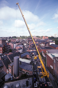 A new cold liquor tank from Krones, Germany being installed to Robinson's Unicorn Brewery, Stockport