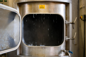 Hot liquor filling the copper at Marble Beer's new brewery