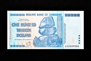 A Zimbabwean banknote of value one hundred trillion dollars